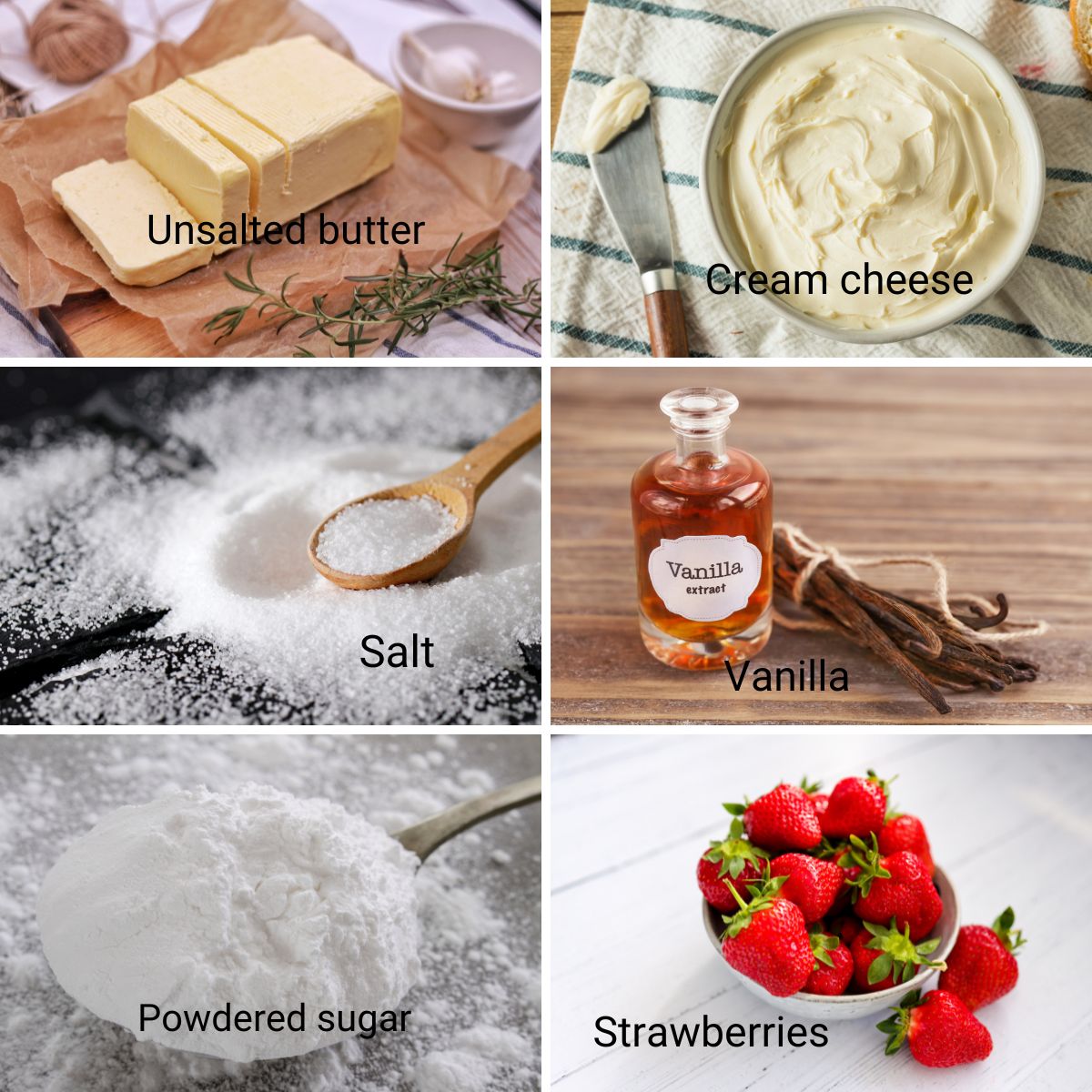 Ingredients for strawberry cream cheese frosting.