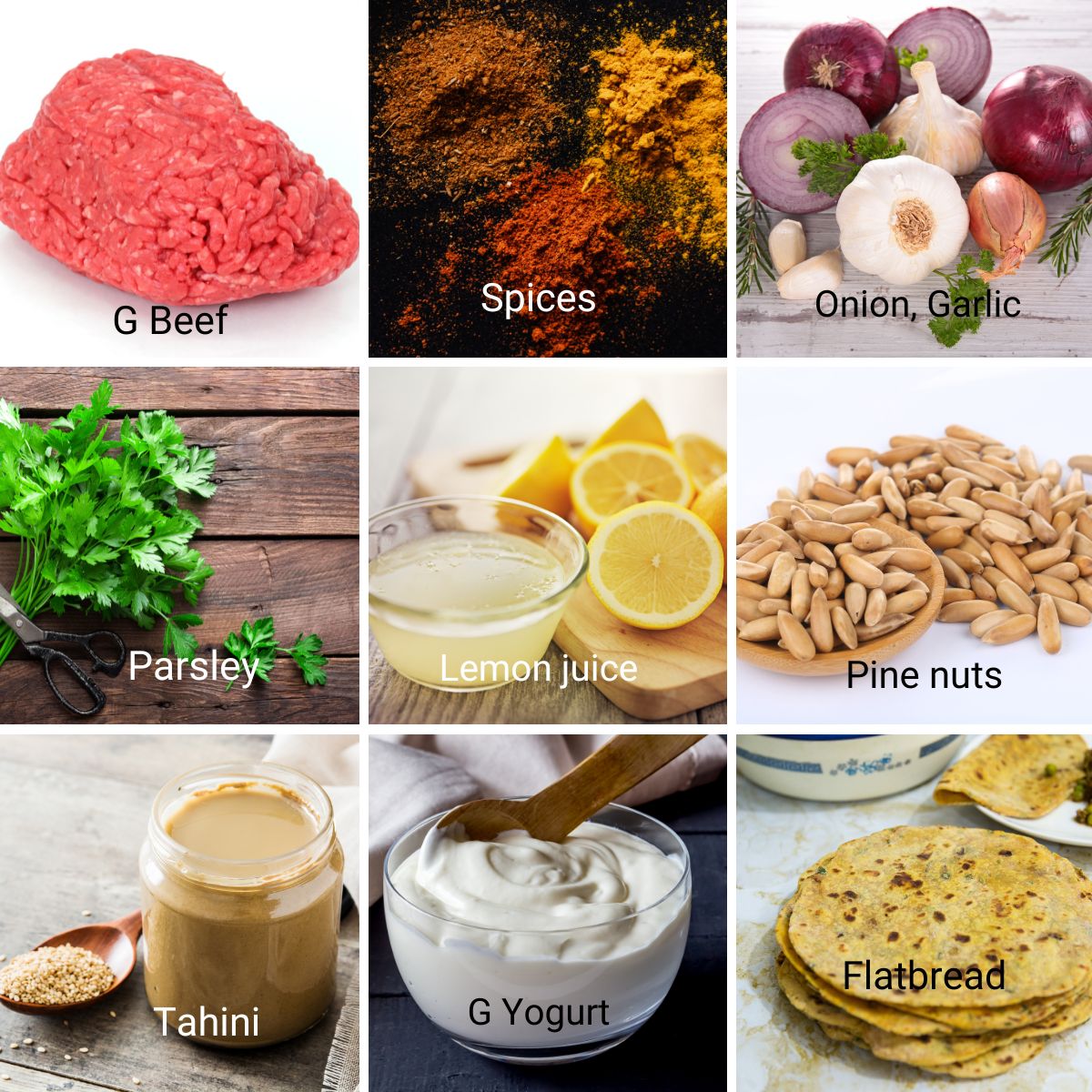 Ingredients for making kofta kebabs with tahini.
