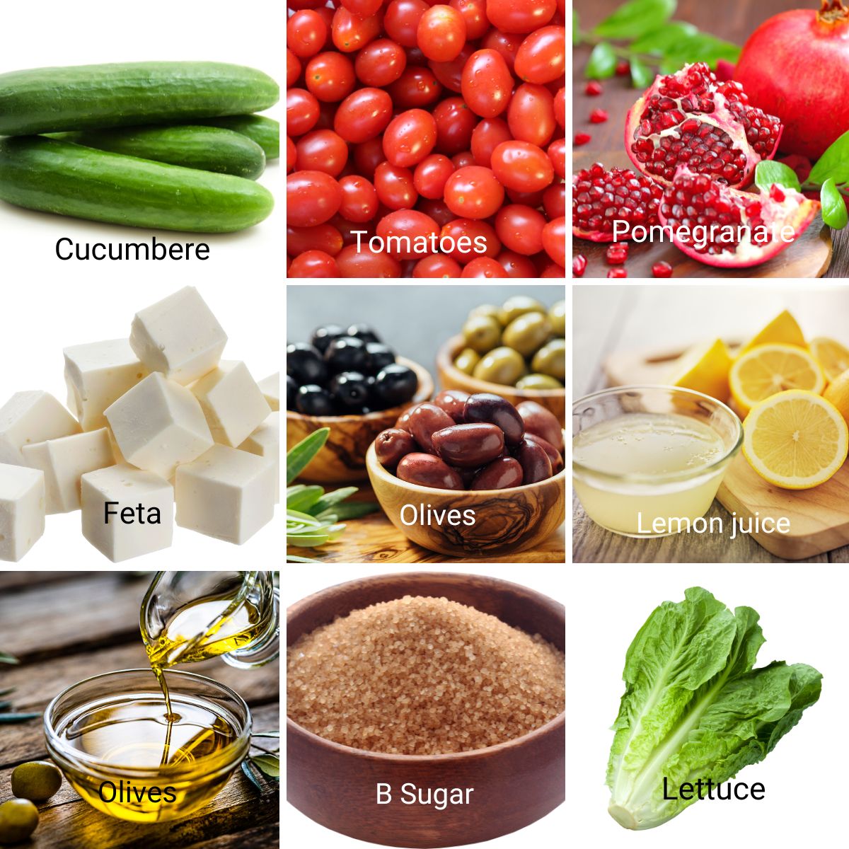 Ingredients for making pomegranate salad.