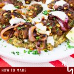 Pinterest image for Ground Beef Kebabs with Roasted Eggplant and Tahini Sauce.