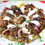 Pinterest image for Ground Beef Kebabs with Roasted Eggplant and Tahini Sauce.