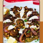 Pinterest image for Ground Beef Kebabs with Roasted Eggplant and Tahini Sauce.