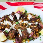 Pinterest image for Ground Beef Kebabs with Roasted Eggplant and Tahini Sauce.
