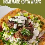 Pinterest image for kofta kebabs with salad and tahini.