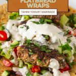 Pinterest image for kofta kebabs with salad and tahini.