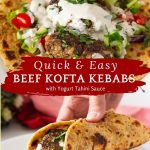 Pinterest image for kofta kebabs with salad and tahini.