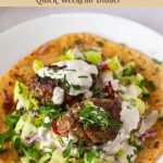 Pinterest image for kofta kebabs with salad and tahini.