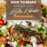 Pinterest image for kofta kebabs with salad and tahini.