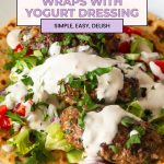 Pinterest image for kofta kebabs with salad and tahini.