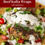 Pinterest image for kofta kebabs with salad and tahini.