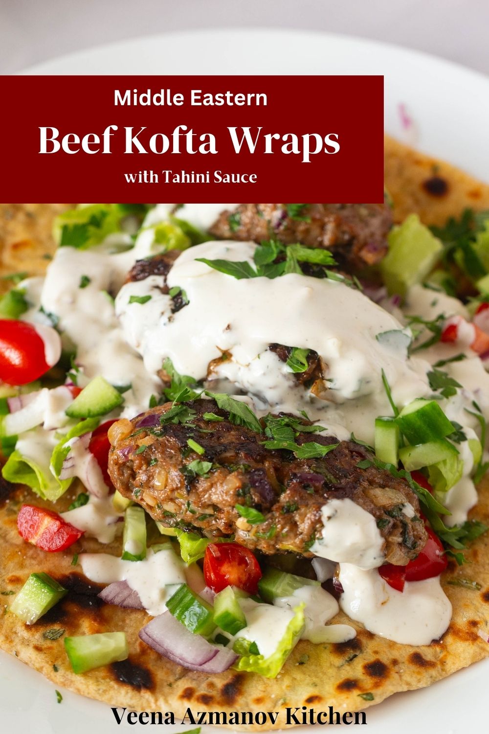 Pinterest image for kofta kebabs with salad and tahini.
