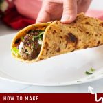 Pinterest image for kofta kebabs with salad and tahini.