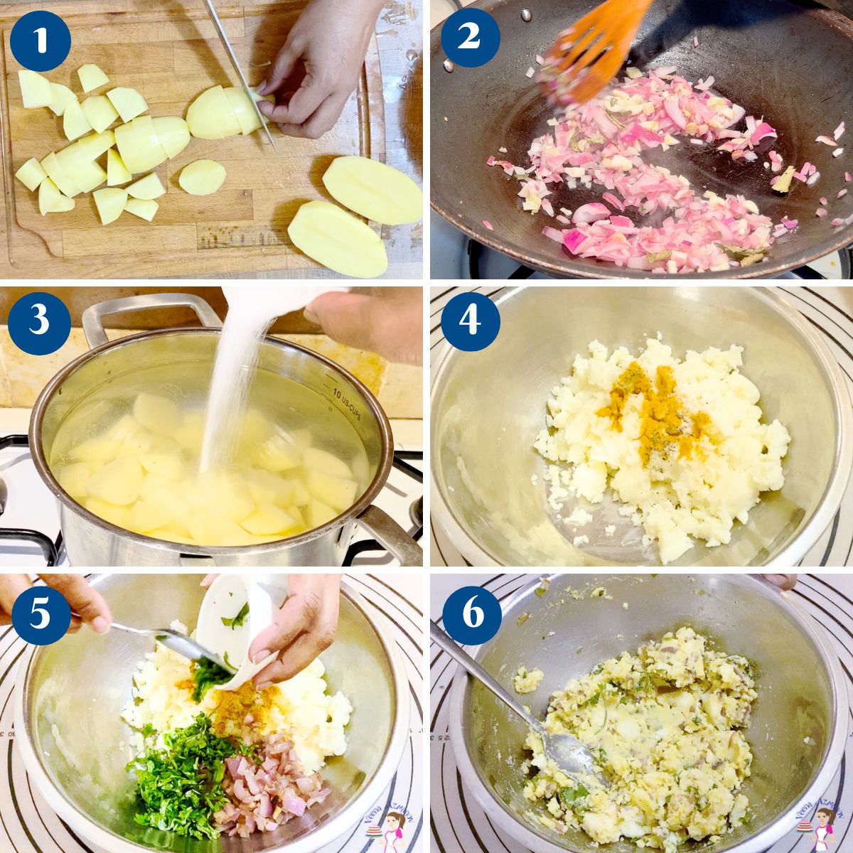 Progress pictures making potato filling for samosa.