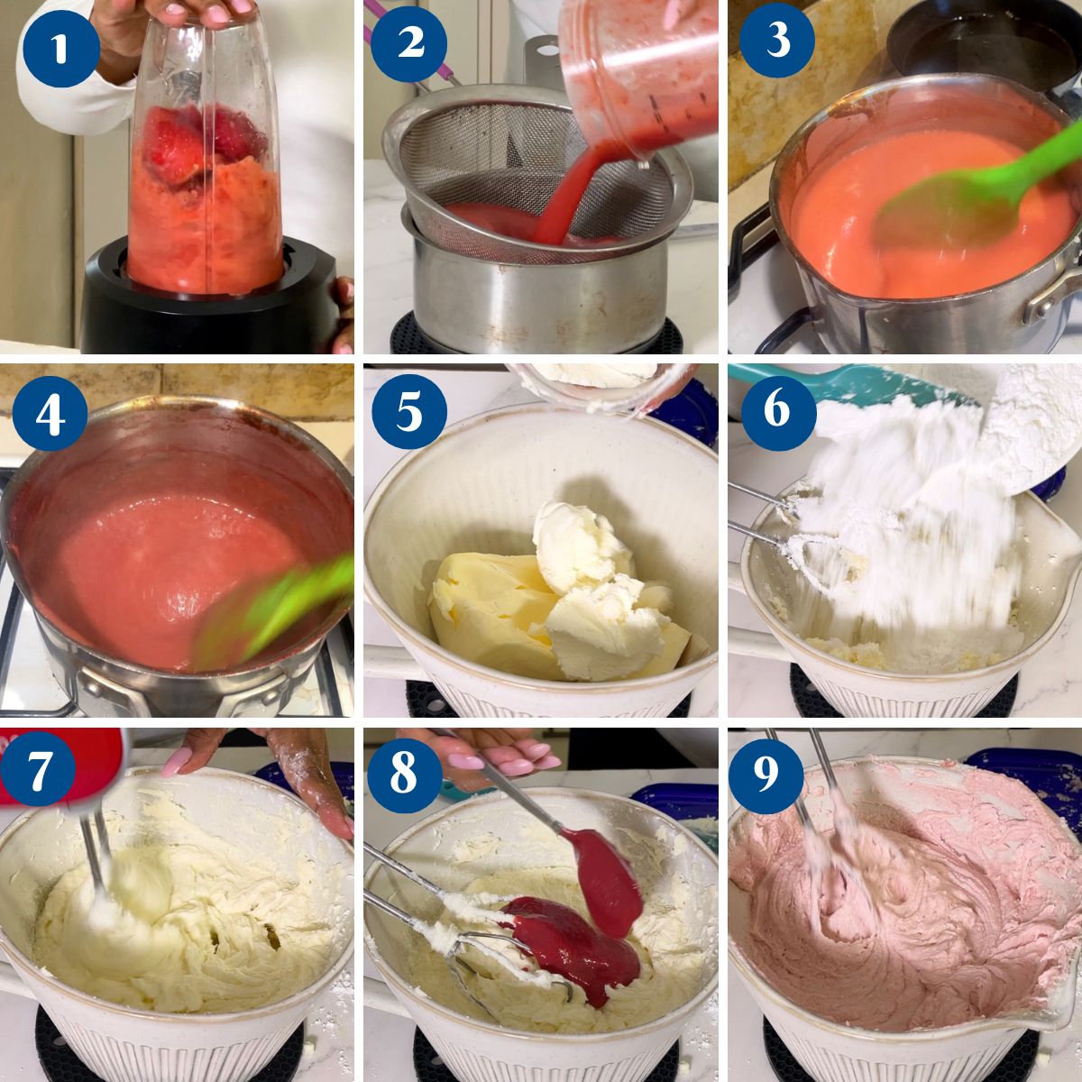 Progress Pictures making the strawberry cream cheese frosting.
