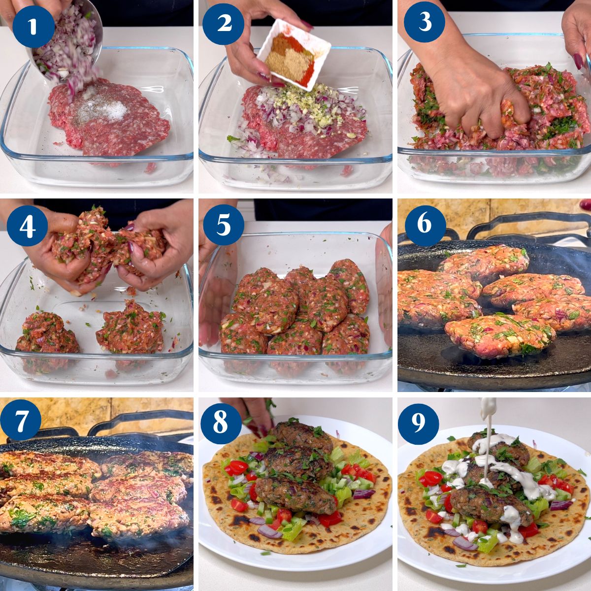 Progress pictures making kofta kebabs.