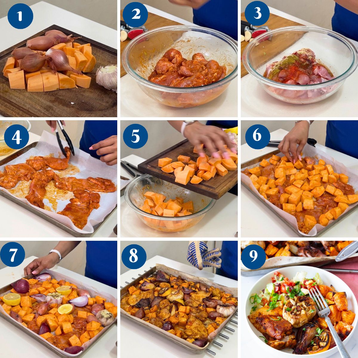 Progress pictures making sheet pan chicken.