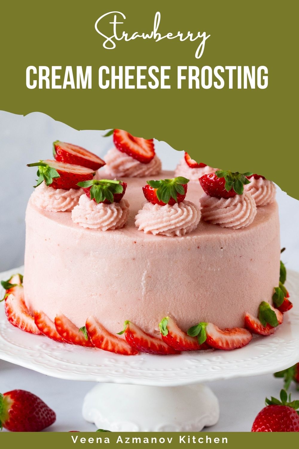 Pinterest image for Cream Cheese frosting with reduced strawberry puree.