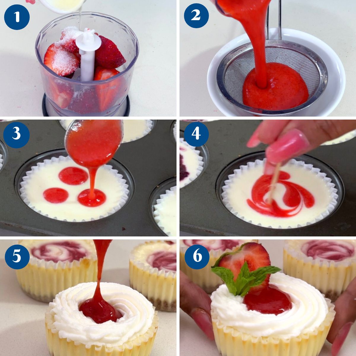 Progress pictures making mini strawberry cheesecakes.