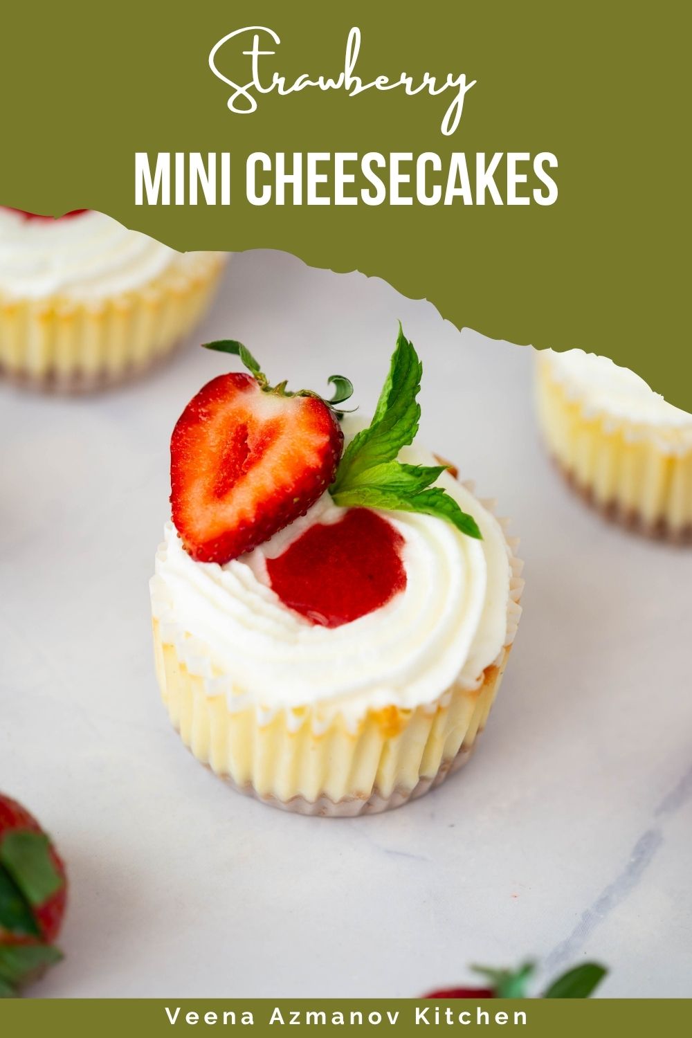 Pinterest image for baked mini strawberry cheesecakes.