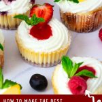 Pinterest image for baked mini strawberry cheesecakes.