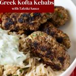 Pinterest image for Greek Kofta Kebabs with Tzatziki.