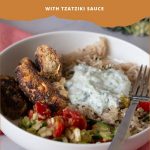 Pinterest image for Greek Kofta Kebabs with Tzatziki.