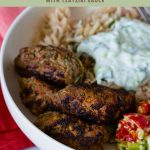 Pinterest image for Greek Kofta Kebabs with Tzatziki.