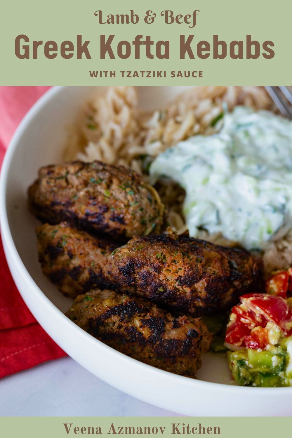 Pinterest image for Greek Kofta Kebabs with Tzatziki.