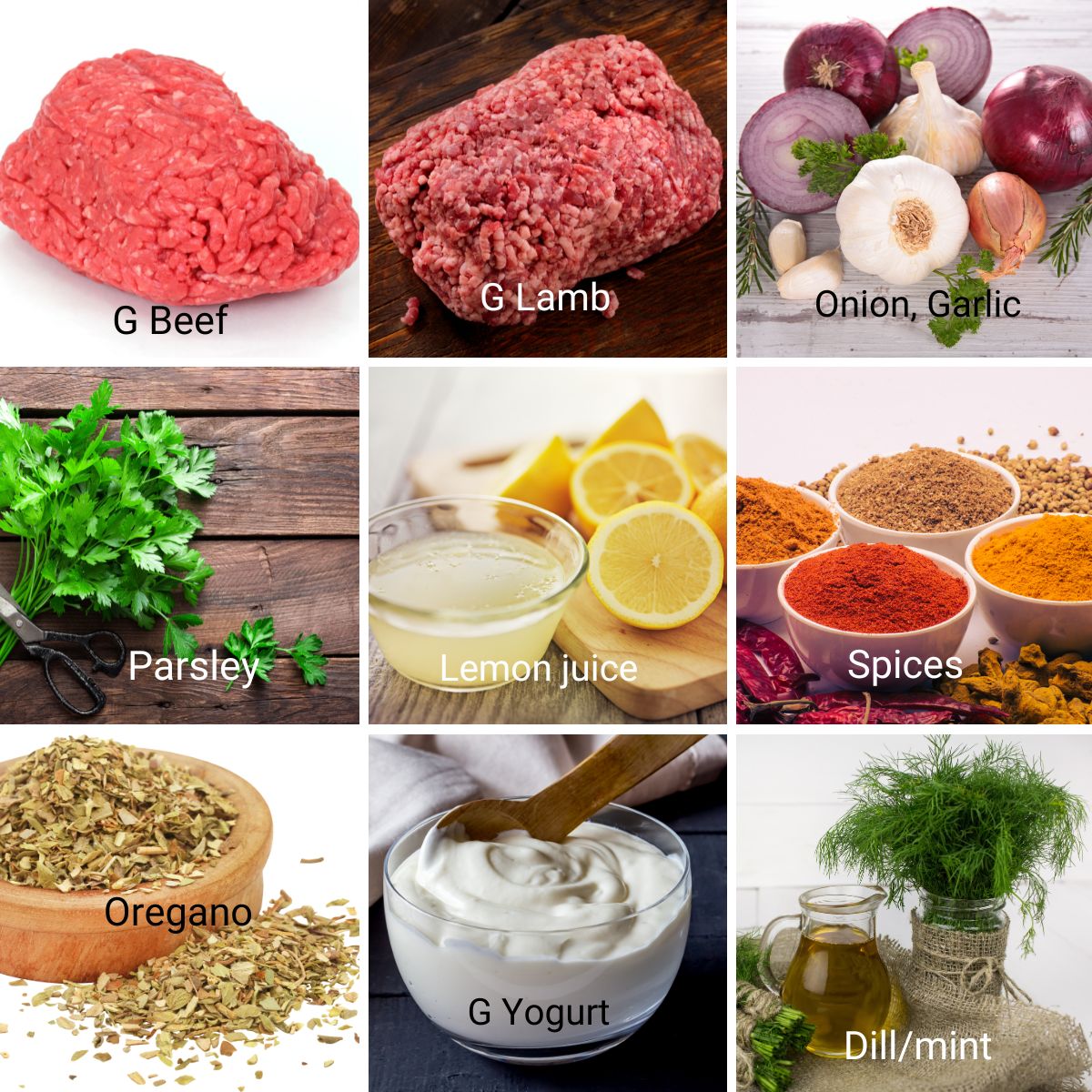 Ingredients for Greek kofta kebabs.