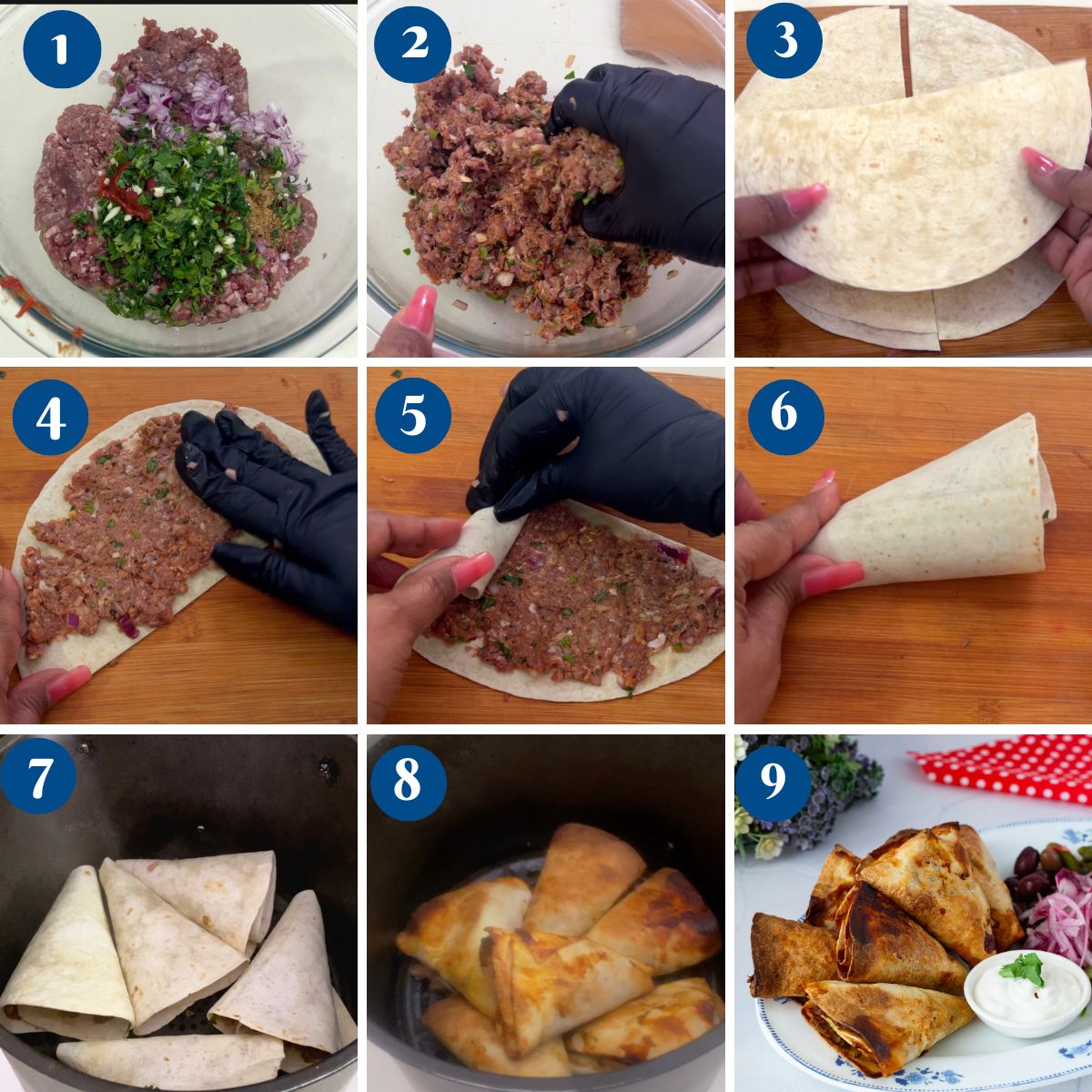 Progress Pictures making ground beef roll cones in the air fryer.