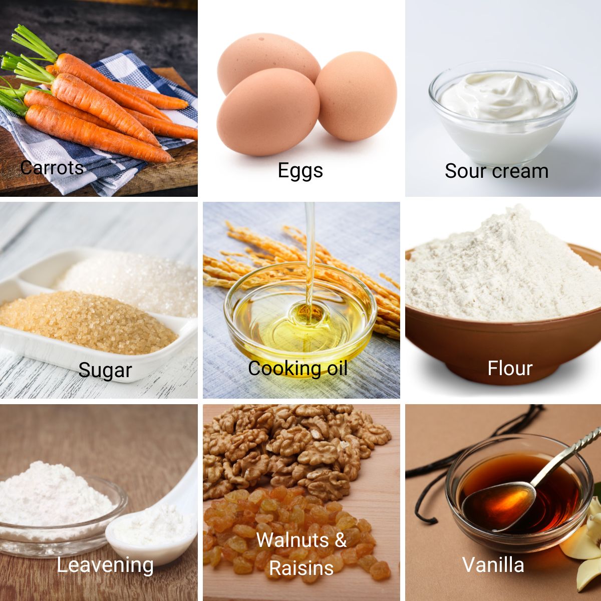 Ingredients for one bowl carrot cake.
