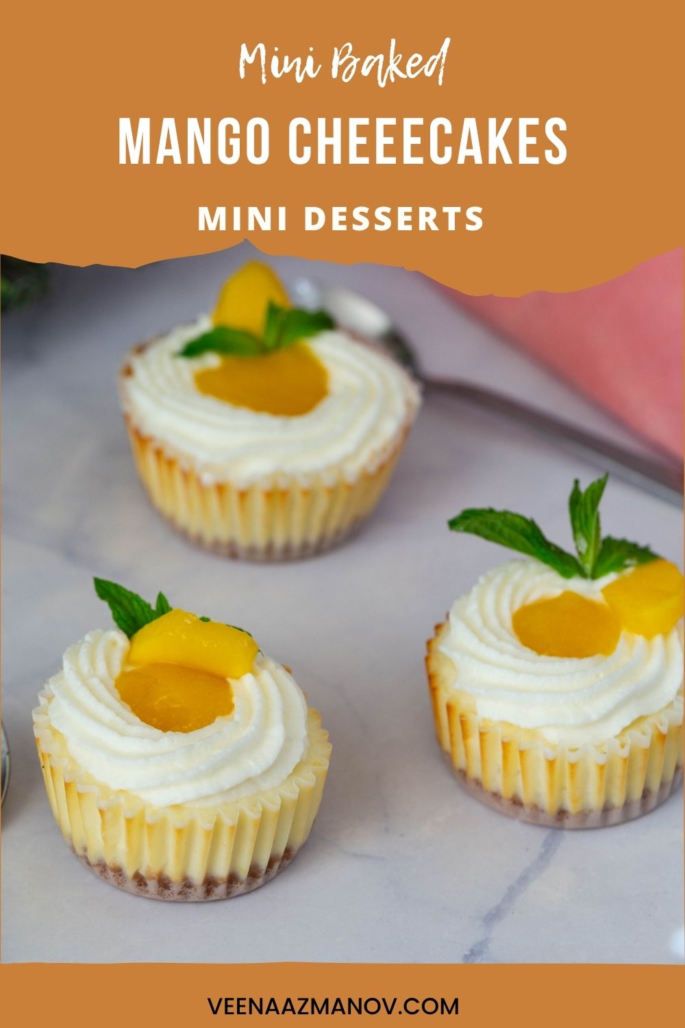 Pinterest image for Baked Mini Cheesecakes with Mango Puree.