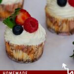 Pinterest image for baked vanilla mini cheesecakes.