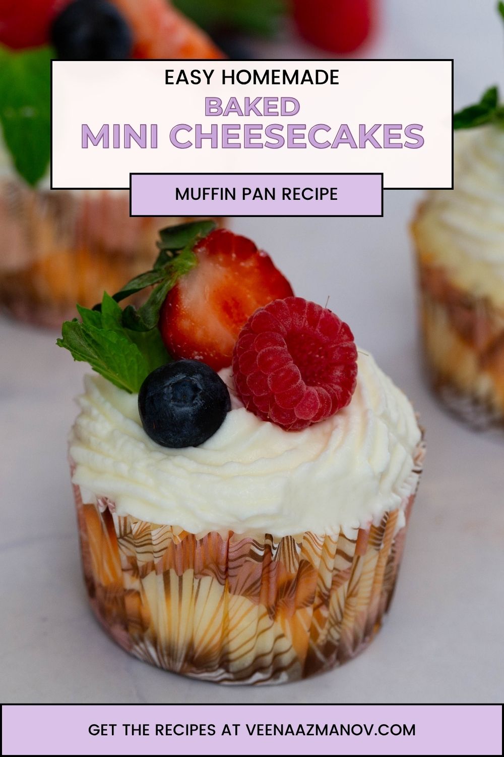 Pinterest image for baked vanilla mini cheesecakes.