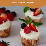 Pinterest image for baked vanilla mini cheesecakes.