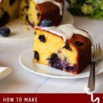 Pinterest image for blueberry yogurt one bowl cake recipe.