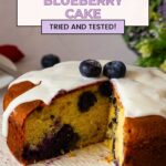 Pinterest image for blueberry yogurt one bowl cake recipe.