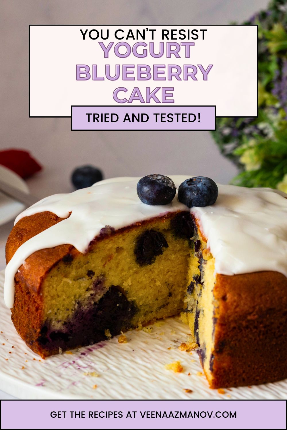 Pinterest image for blueberry yogurt one bowl cake recipe.