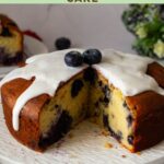 Pinterest image for blueberry yogurt one bowl cake recipe.
