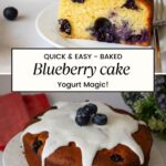 Pinterest image for blueberry yogurt one bowl cake recipe.