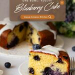 Pinterest image for blueberry yogurt one bowl cake recipe.