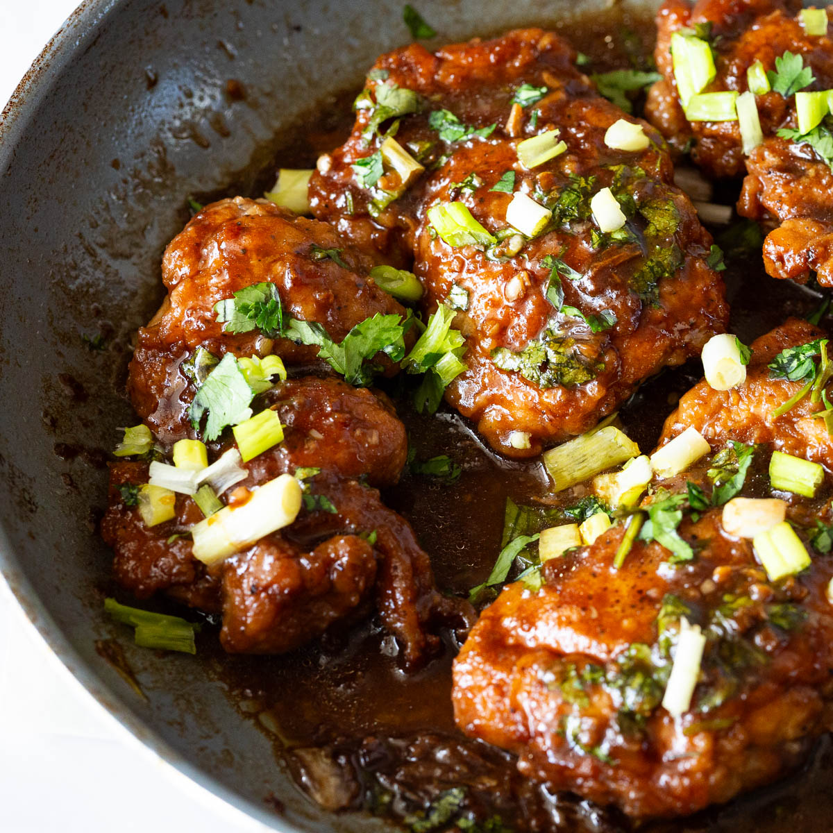 A pan with honey garlic chicken.