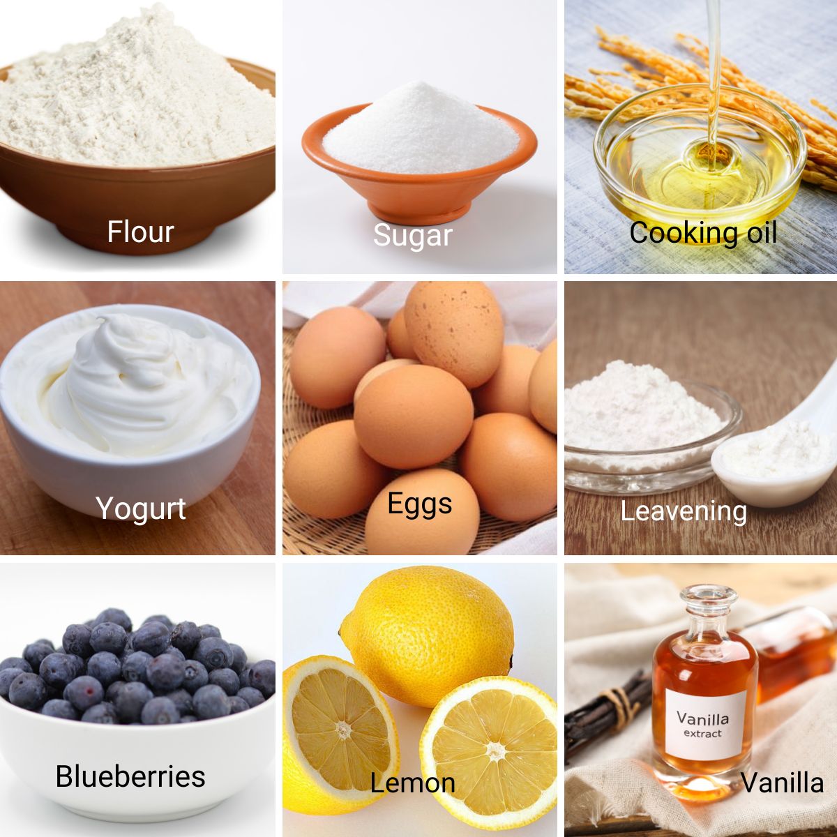 Ingredients for blueberry yogurt cake.