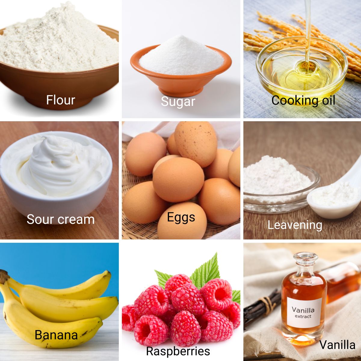 Ingredients for making a one-bowl raspberry banana cake.