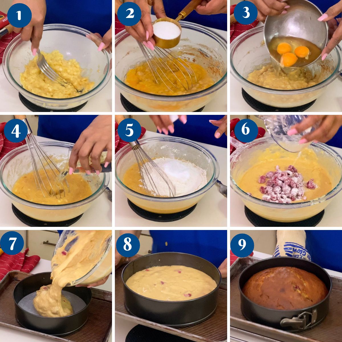 Progress pictures making banana raspberry cake.
