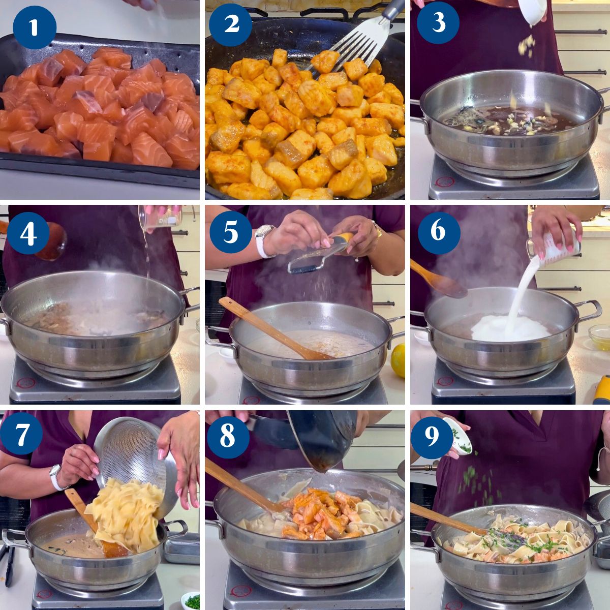 Progress pictures of making the salmon pasta recipe.