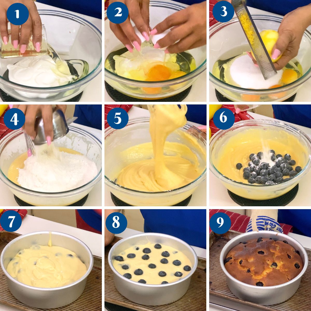 Progress pictures making blueberry yogurt cake.