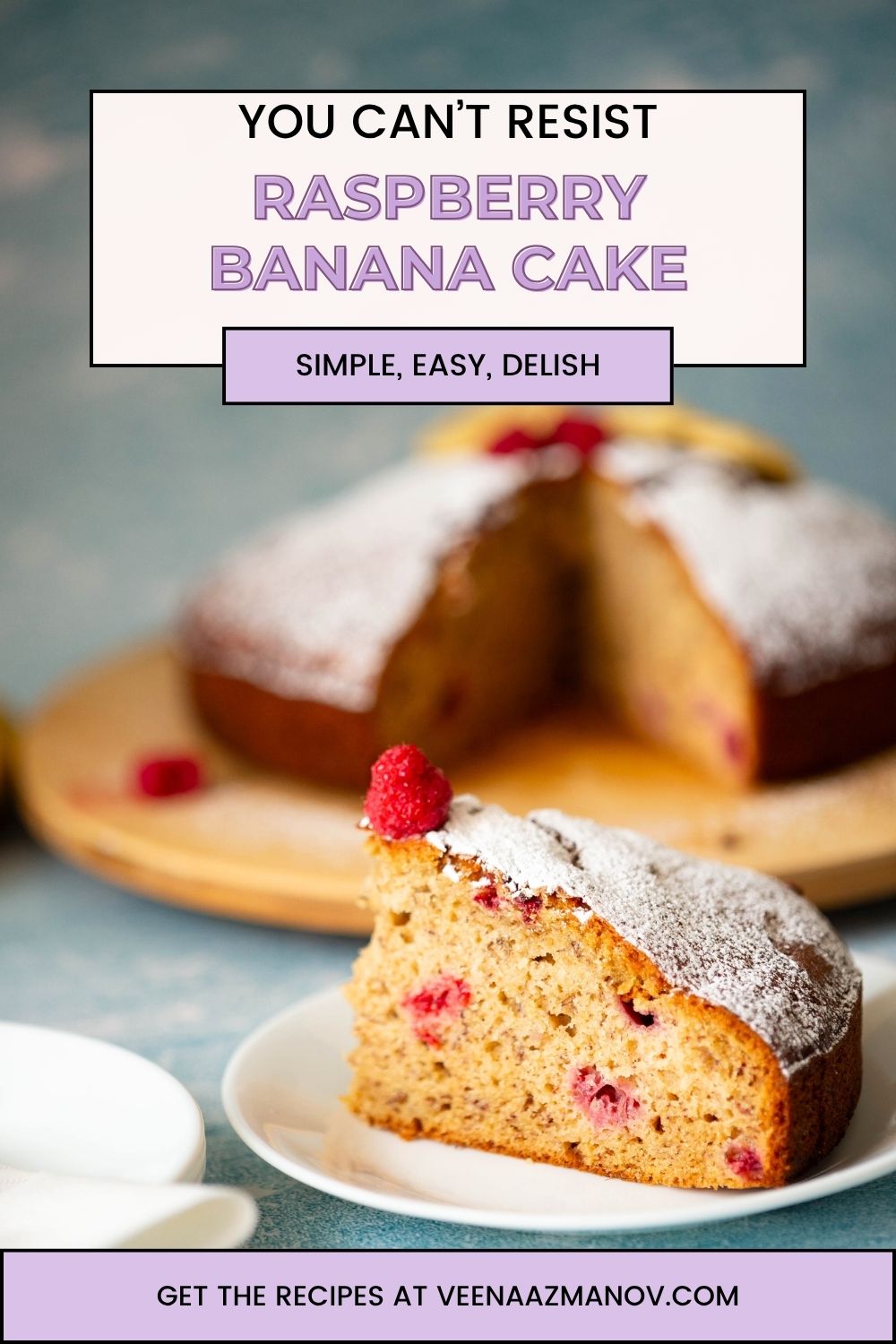 Pinterest image for Banana Raspberry Cake.