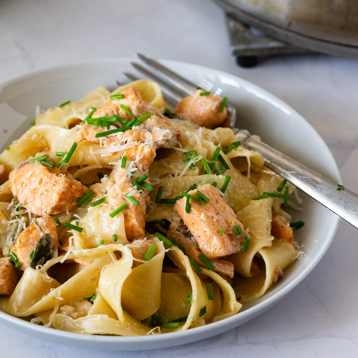A grey plate with pasta and salmon.