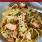 Pinterest image for Salmon Pasta in Brown Butter Sauce.